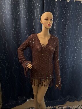Moda International Brown Boho Festival Crochet Sequin Fringe Top Swim Coverup S